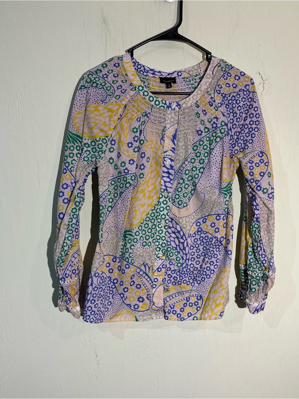 Talbots cotton Button Up Smocked Peasant Blouse paisley floral print small